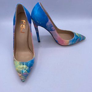 FSJ Blue Clouds Printed High Heel Pointy Toe Pump